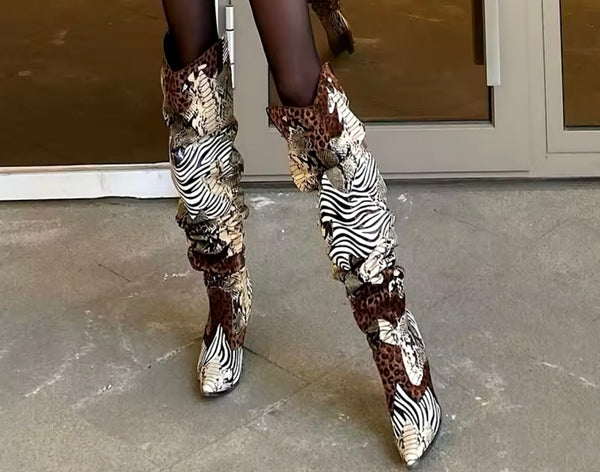 Women Fashion Animal Print Ruched Knee High Western Boots