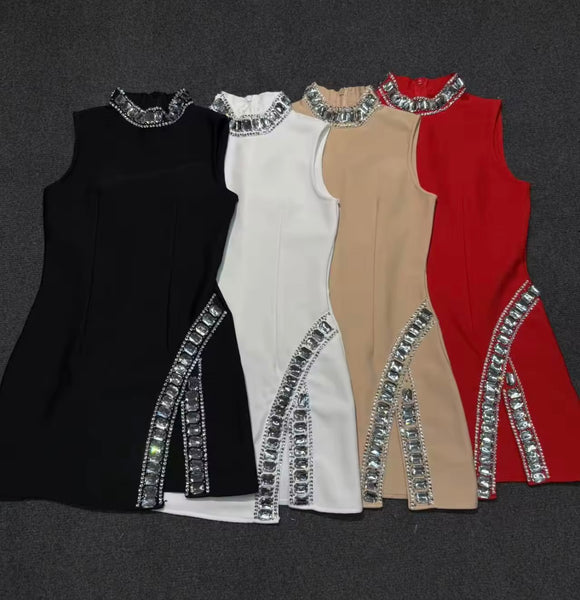 Women Sexy Sleeveless Bling Rhinestone Patchwork Dress