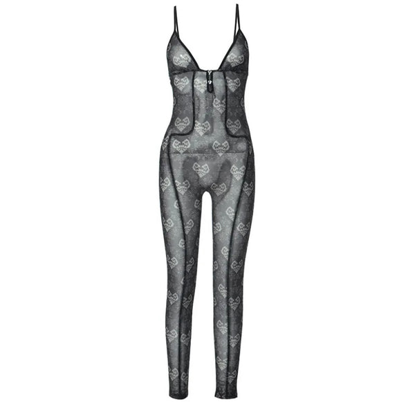 Women Sexy Sleeveless Heart Print Mesh Jumpsuit