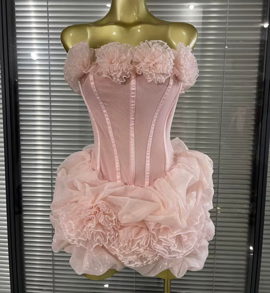 Women Pink Sexy Floral Strapless Mesh Dress