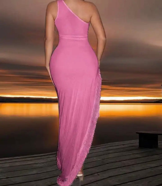 Women Bling Patchwork Fringe One Shoulder Sleeveless Mesh Maxi Dress