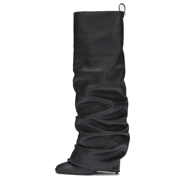 Women Fashion Faux Leather Black Ruched Knee High Boots