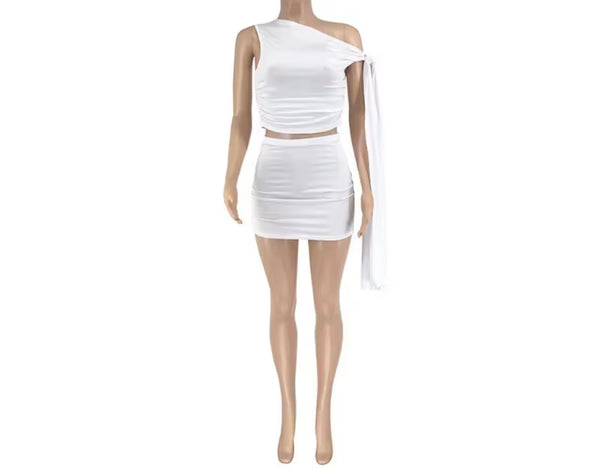 Women Sexy Slant Shoulder Short Sleeve Two Piece Skirt Set