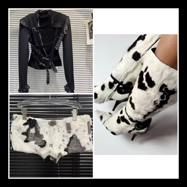 Women Fashion Pointed Toe Animal Print Faux Fur Boots