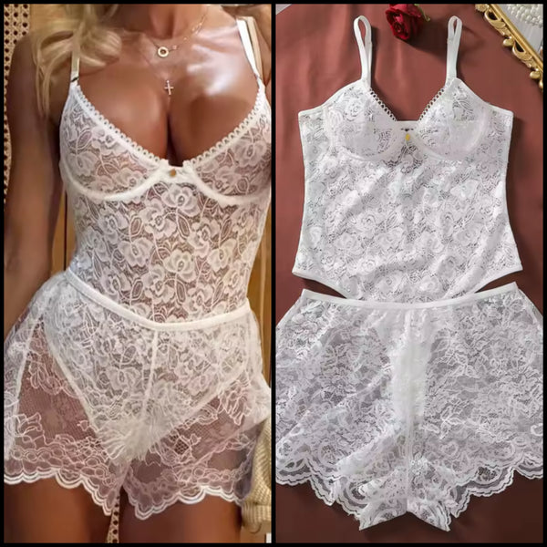 Women White Lace Sleeveless Sexy Bodysuit Short Lingerie Set