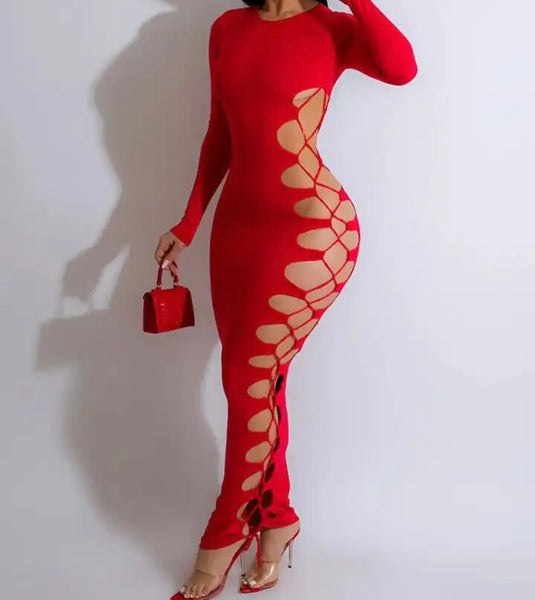 Women Sexy Full Sleeve Side Cut Out Lace Up Maxi Dress