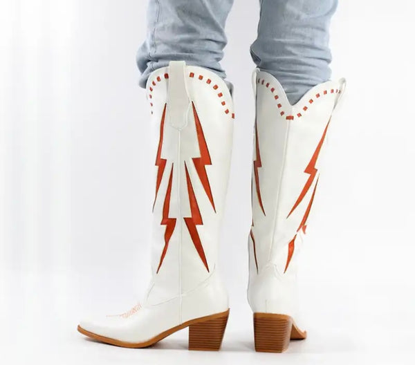 Women Fashion White Color Patchwork Knee High Western Boots