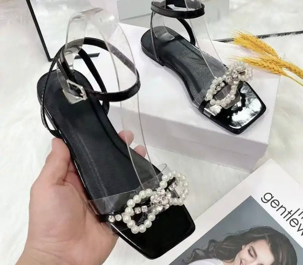 Women Fashion Rhinestone Pearl Ankle Strap Flat Sandals