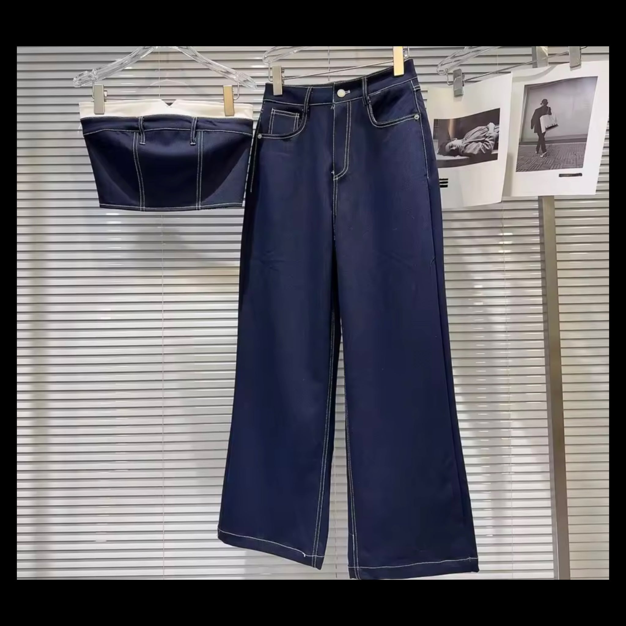 Women Fashion Strapless Crop Denim Two Piece Pant Set