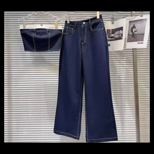 Women Fashion Strapless Crop Denim Two Piece Pant Set