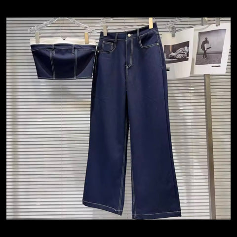 Women Fashion Strapless Crop Denim Two Piece Pant Set