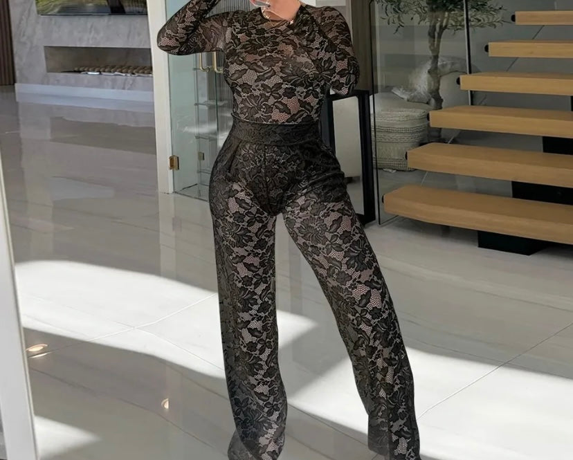 Women Lace Full Sleeve Sexy Two Piece Pant Set