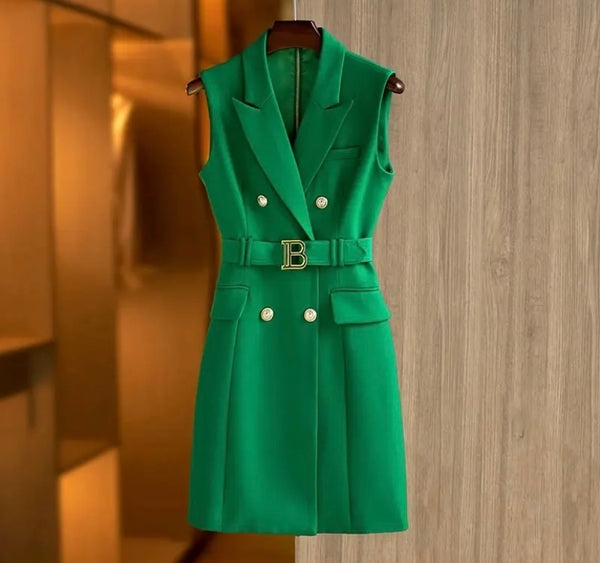 Women Fashion Sleeveless Gold Button Letter Belt Dress