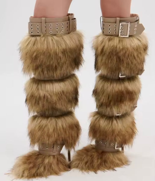 Women Buckled Fashion Faux Fur High Heel Boots