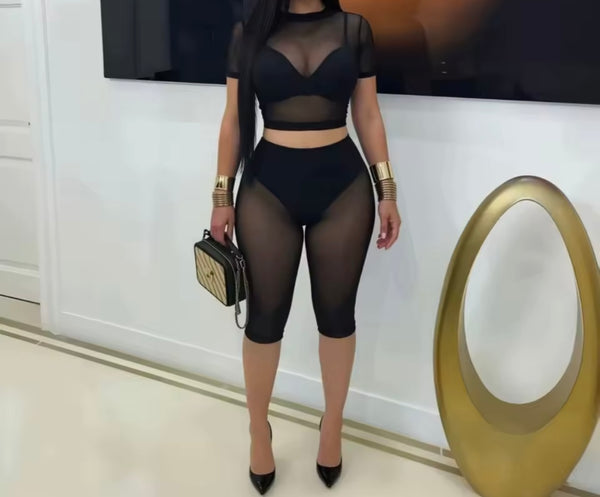 Women Sexy See Through Mesh Two Piece Capri Pant Set