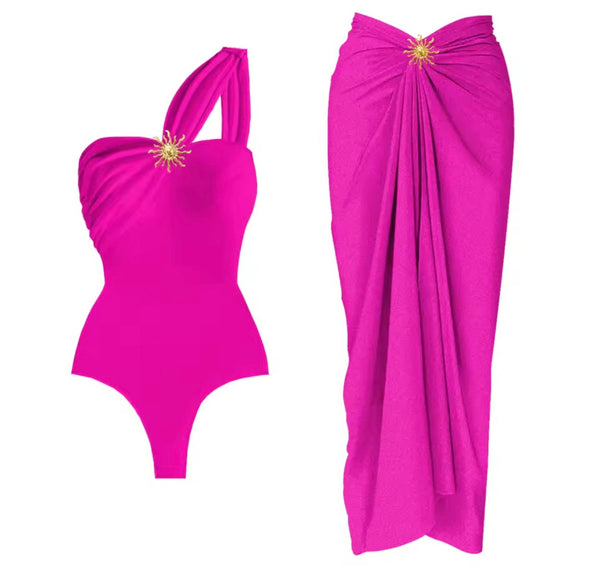 Women Sexy One Shoulder Swimsuit Cover Up Set