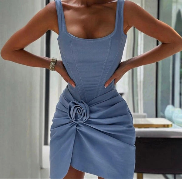 Women Sexy Sleeveless Ruched Rose Denim Dress