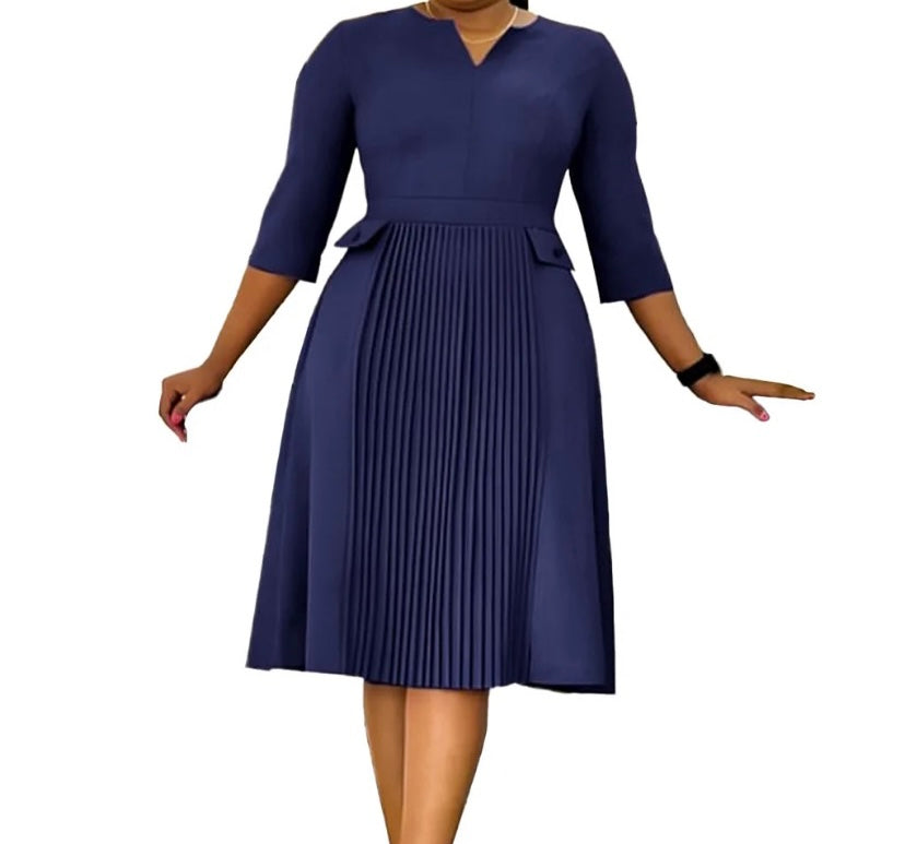 Women Solid Color Full Sleeve Pleated Dress