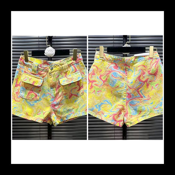 Women Fashion Yellow Printed Denim Shorts