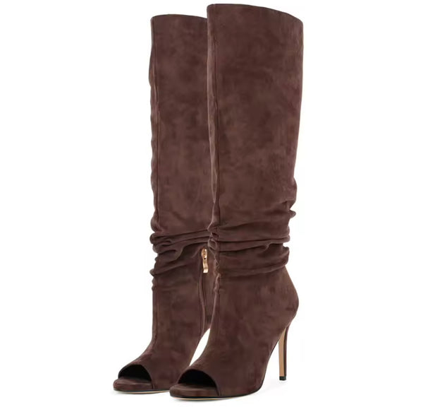 Women Suede Open Toe Fashion Ruched Knee High Boots