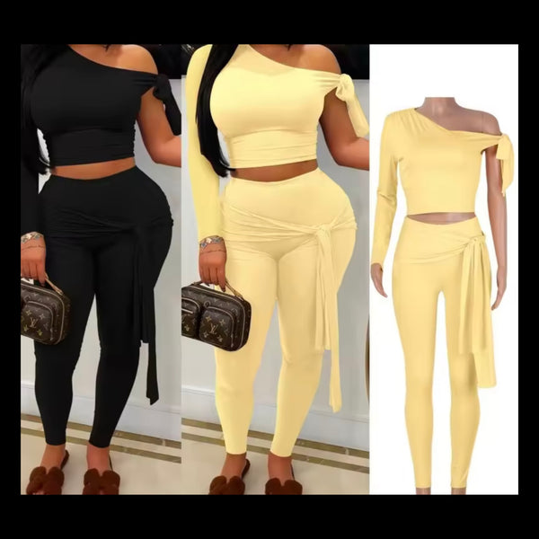 Women Solid Color Tie Up One Shoulder Two Piece Pant Set