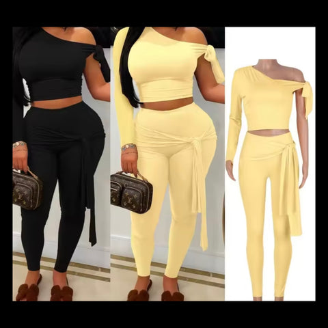 Women Solid Color Tie Up One Shoulder Two Piece Pant Set