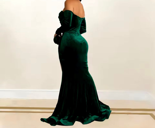 Women Sexy Velour Off The Shoulder Full Sleeve Maxi Dress