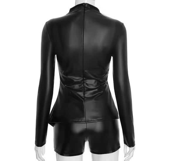 Women Fashion Faux Leather Full Sleeve Two Piece Short Set