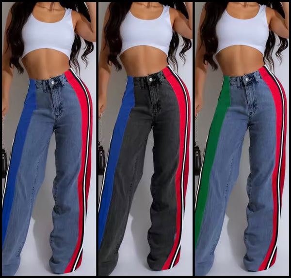 Women Fashion Color Patchwork Striped Denim Pants
