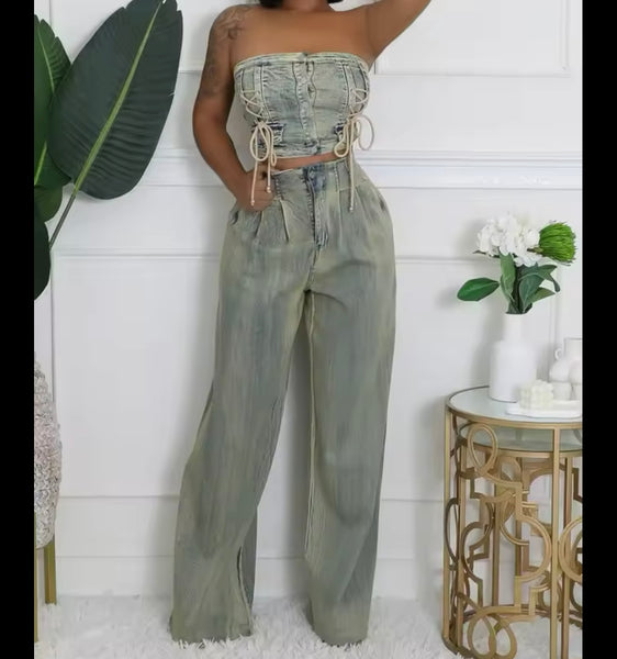Women Fashion Strapless Denim Two Piece Loose Pant Set