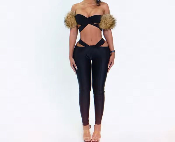 Women Sexy Strapless Black Fur Patchwork Two Piece Pant Set