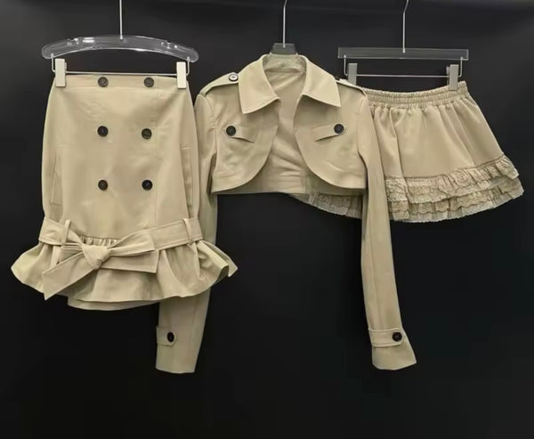 Women Fashion Khaki Three Piece Skirt Set