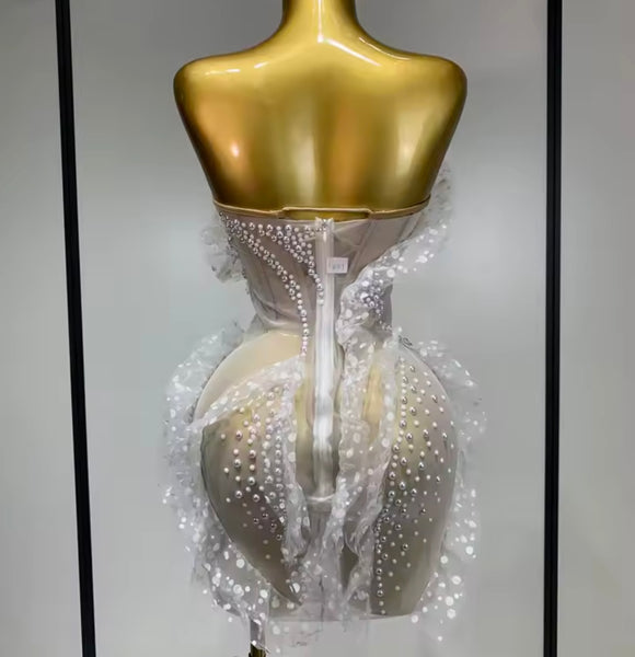 Women White Sexy Strapless Pearl Ruffle Mesh Dress