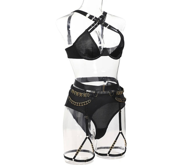 Women Black Sexy Criss Cross Halter Lingerie Set