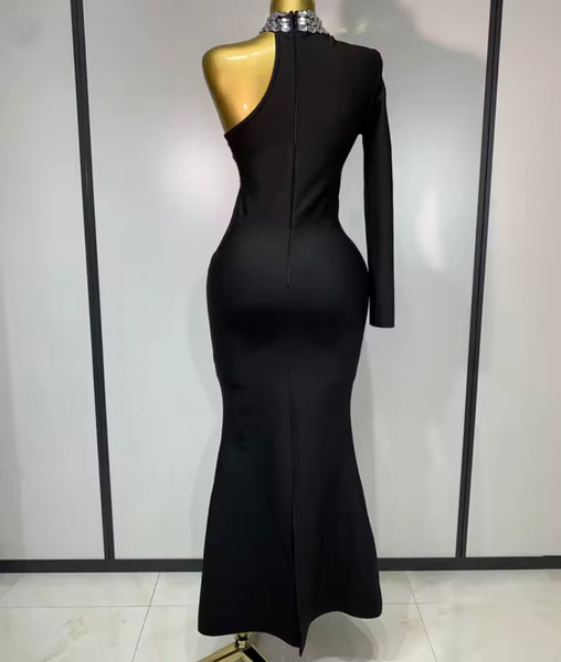 Women Black Sexy Rhinestone One Shoulder Full Sleeve Maxi Dress