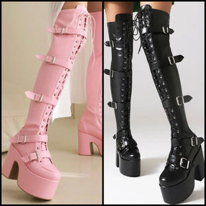 Women Fashion Platform Buckled Over The Knee Boots