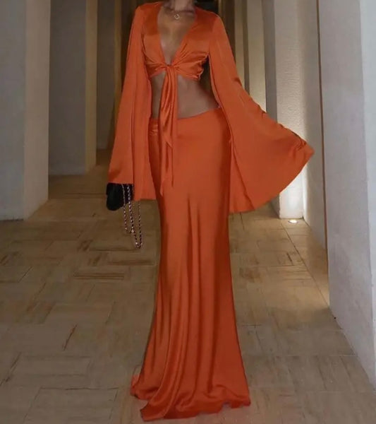 Women Sexy Orange Full Sleeve Crop Two Piece Maxi Skirt Set