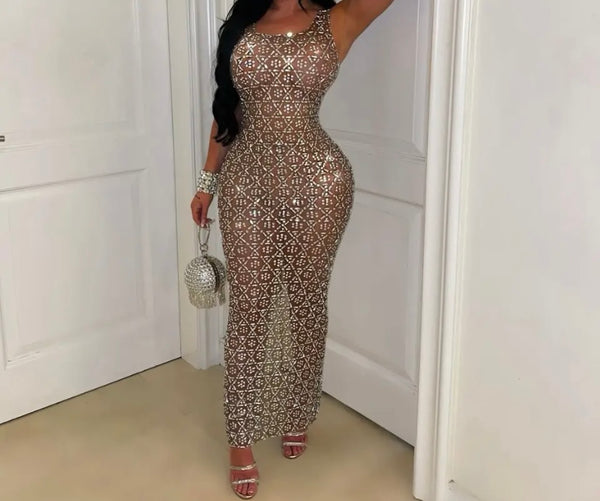 Women Sexy Sleeveless Bling Mesh Maxi Dress