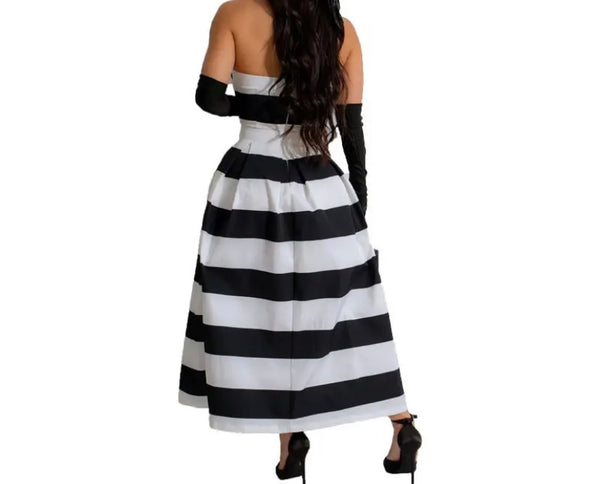 Women Sexy B&W Striped Strapless Maxi Dress