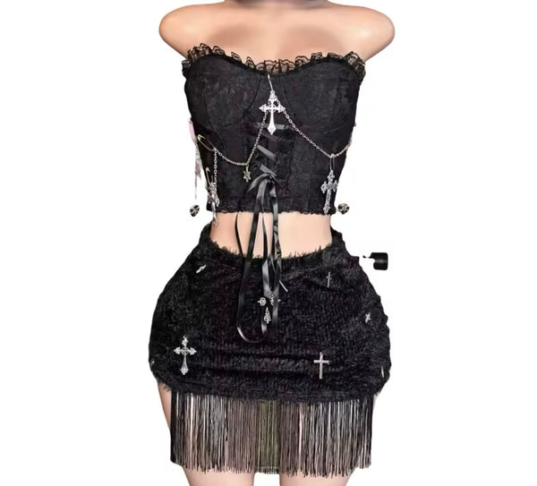 Women Sexy Strapless Cross Chain Lace Fringe Two Piece Skirt Set