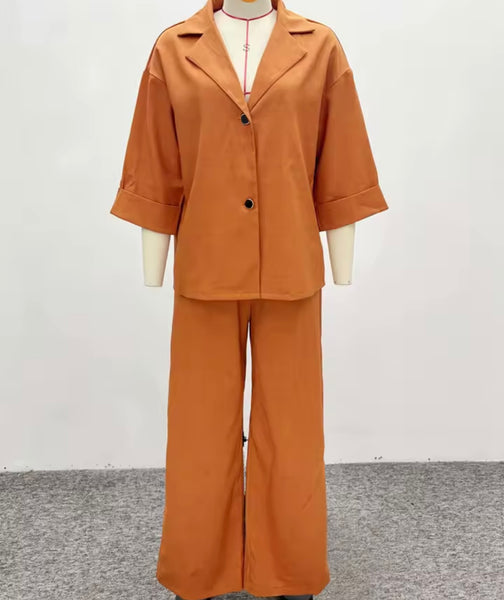 Women Orange Button Up Short Sleeve Two Piece Pant Set