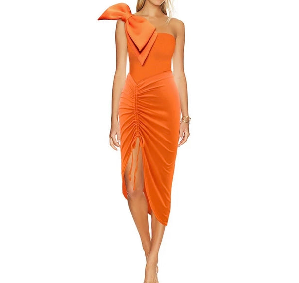 Women Sexy Orange Bow One Shoulder Swimsuit Cover Up Set