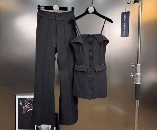 Women Fashion Sleeveless Black Button Up Two Piece Pant Set