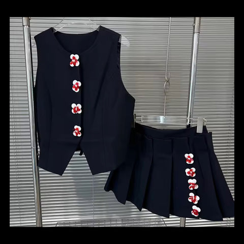 Women Sleeveless Floral Button Up Two Piece Pleated Skirt Set