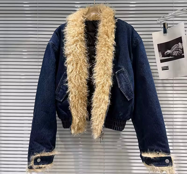 Women Fashion Fur Patchwork Denim Jacket