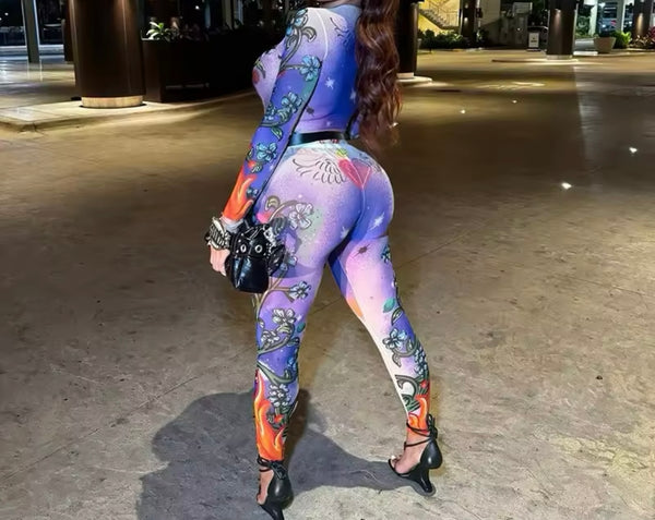 Women Sexy Multicolored Print Full Sleeve Two Piece Mesh Pant Set