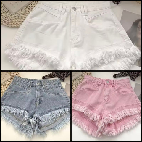 Women Color Fashion Fringe Denim Shorts
