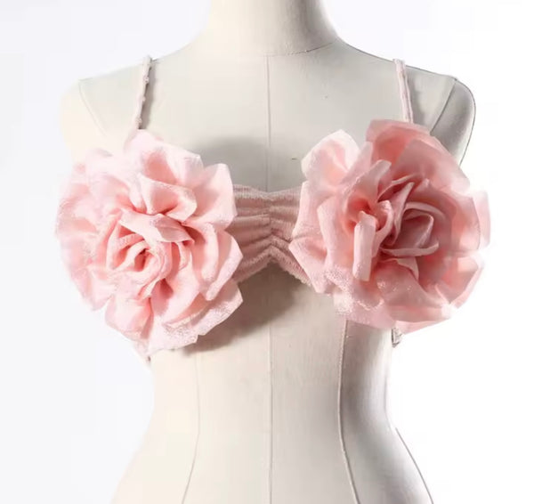Women Pink Sexy 3D Floral Sleeveless Two Piece Pant Set