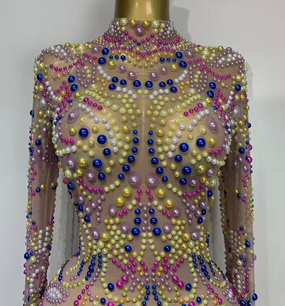 Women Sexy Colorful Beaded Mesh Full Sleeve Dress