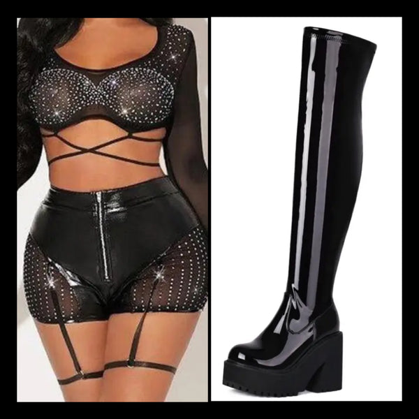 Women Patent Leather Fashion Platform Over The Knee Boots